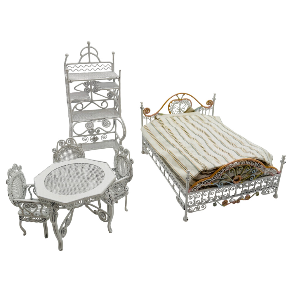 White Wire Wicker Dollhouse Furniture Lot 8 Pc Vintage Miniatures Bed Patio HTF